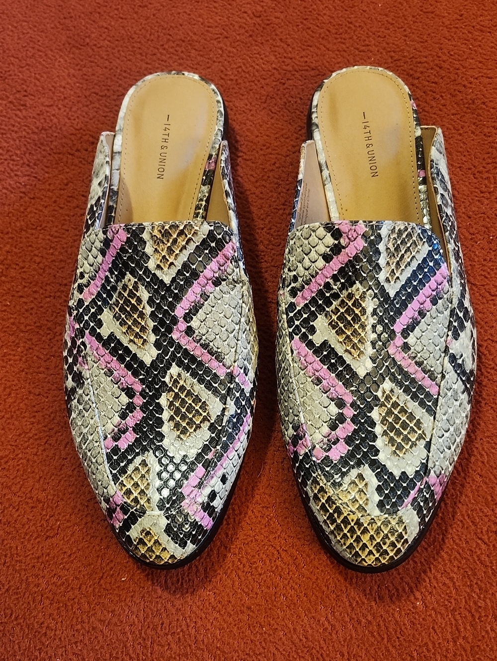 14th & Union Snake-Print Leather Mules in Pink, Black, Tan